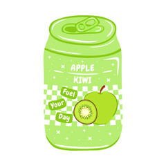 Soda in aluminum can with apple and kiwi flavor. Vector illustration in hand drawn style. Soft drink for advertising, posters, packaging and merch