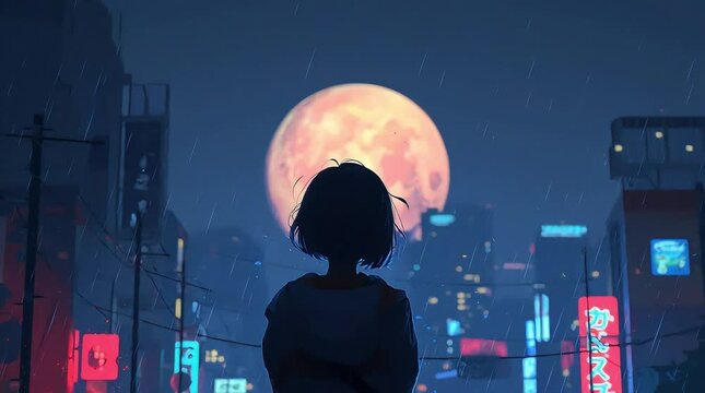 A girl stands in the rain looking at a full moon over a cityscape with neon signs at night time