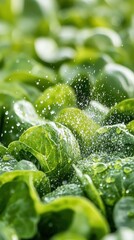 Fresh green leaves cluster together receiving a shower of tiny clear water droplets in a lush garden area closeup