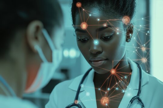 Network of connections enhances medical collaboration among healthcare professionals, network of connections with icons over african american female doctor