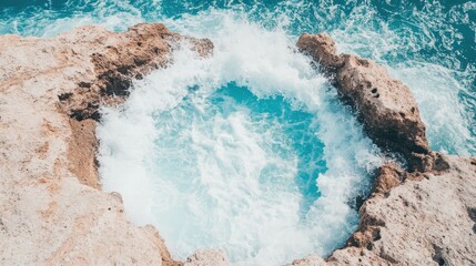 Waves crash on rocky coastline. Turquoise water swirls in a natural pool. Ocean surge creates white foam against the textured rocks. Coastal scenic view from above.