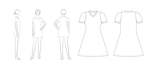 女子テニスユニフォームのテンプレート（前・後・横・平面図）Women's Tennis Uniform Template &ndash; Front, Back, Side & Flat Views

