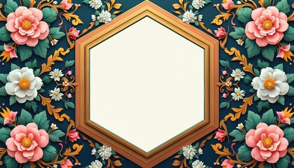 Intricate floral pattern surrounds hexagonal frame with cream-colored center. Pink, white flowers with green leaves, golden accents fill dark blue background. Vintage decorative design element,