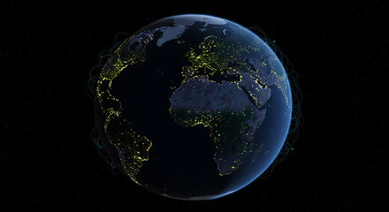 Fototapeta premium View of Earth from outer space at night. Cities glow with soft blue and green lights, symbolizing renewable energy