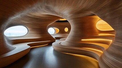 Obraz premium Modern, organic wooden interior with curved walls, porthole windows, and integrated lighting, creating a unique, natural atmosphere