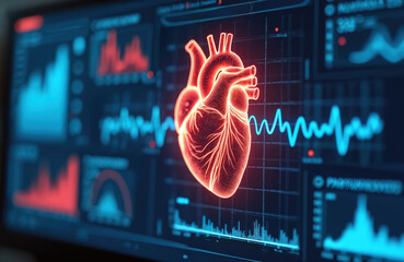 AI technology for heart health analysis and prevention. Visualizes digital data, machine learning models for risk assessment, diagnosis, and treatment support in healthcare.