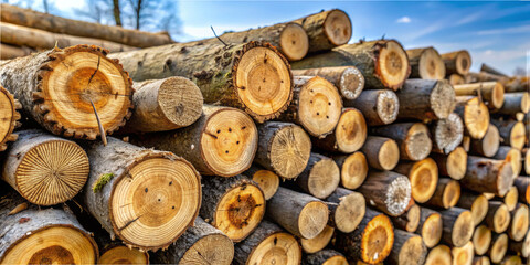 Wooden logs are neatly stacked, showcasing their rings and bark textures. The warm sunlight filters through the trees, illuminating this peaceful forest area