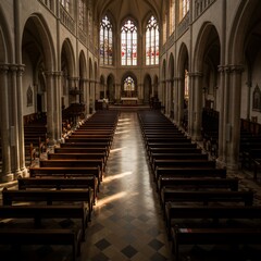 Fototapeta premium Majestic Gothic Cathedral Nave Bathed in Golden Sunlight, Illuminating Empty Pews and Vibrant Stained Glass Windows