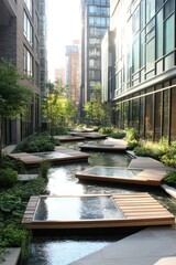 Urban oasis. Modern buildings surround a tranquil water feature. Wooden platforms float on the water with green foliage. Sunlight reflects off the water surface in the city.
