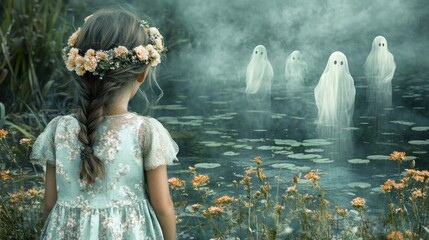 A little girl in a wreath of flowers comes closer to the pond, ghostly figures rise from the depths of the water, their outlines are vague and mysterious.