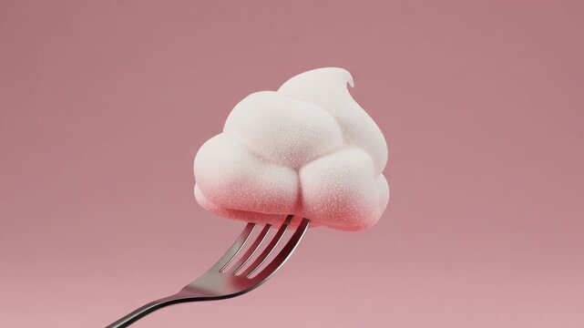 A fluffy white cloudlike dessert impaled on a silver fork against a pink background