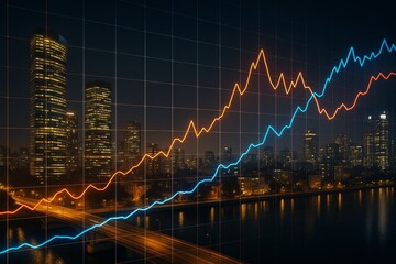 Business growth graph with light trails over nighttime city background showing creative financial analytics concept with glowing data lines.