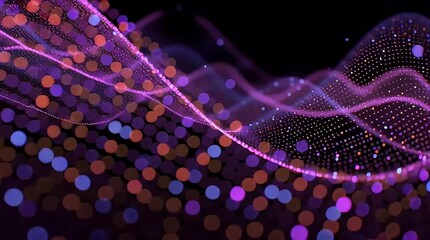 Abstract purple wave of glowing particles against a dark background with bokeh effect visible - Powered by Adobe