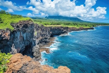 Volcanic hills meet crystal blue water in a stunning coastal landscape, Aerial hills natural volcanic mineral rocks waterfalls Kauai