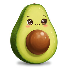 Green avocado fruit cut in half with cute kawaii face