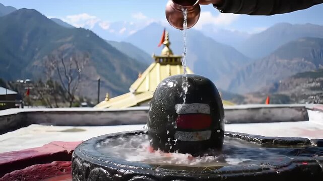 Image is a high-resolution photograph featuring a traditional Hindu Shiva Lingam in the foreground, set against a backdrop of majestic snow-capped mountains. The Lingam, made of dark stone, is adorned