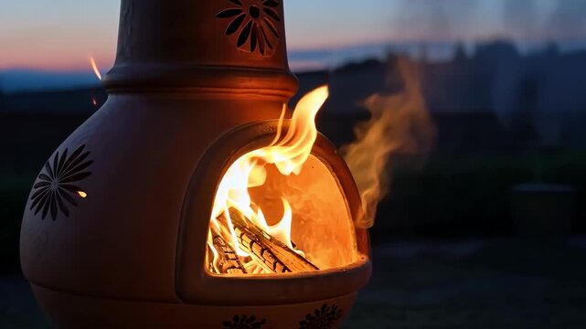 Warm fire in chimenea at dusk with smoke, cozy outdoor atmosphere and evening landscape