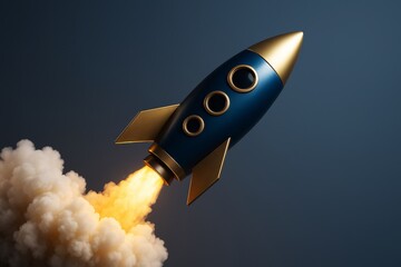 Stylish cartoon rocket launching into sky with fiery exhaust trail and smoke clouds on dark background, symbolizing innovation and startup concept.