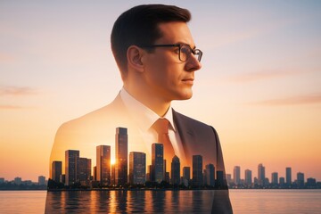 Confident businessman with city skyline double exposure at sunset, symbolizing ambition, growth, leadership and future vision in business world.