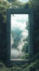 Concrete Frame Amidst Lush Forest with Ethereal Clouds