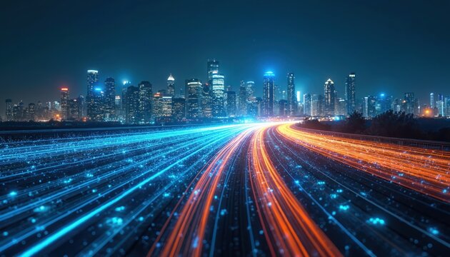 Illuminated city skyline at night shows digital light trails representing 5G tech transformation. Urban infrastructure with flowing data shows fast communication networks connecting modern cities.