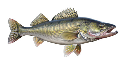 Fototapeta premium Detailed realistic illustration of a walleye fish with open mouth showing sharp teeth isolated on transparent background