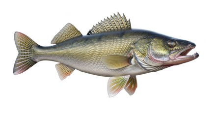 Detailed realistic illustration of a walleye fish with open mouth showing sharp teeth isolated on transparent background