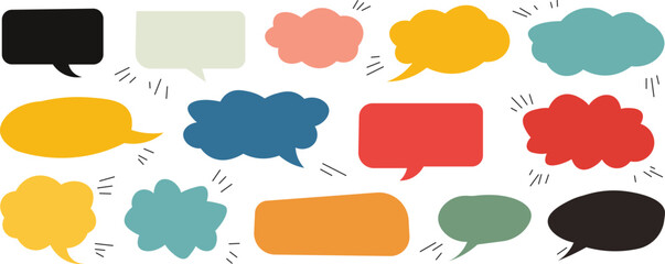 Abstract speech bubbles, vector elements for design and animation on a white background. Colorful comic text boxes with various shapes, in pastel colors. Flat illustration style. Vector illustration © Rakibs
