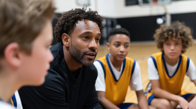 Youth basketball team listening to coach before game