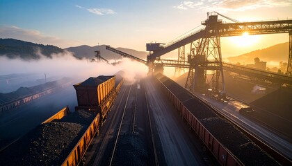 Coal Mining Industry Aerial View of Coal Loading and Transportation