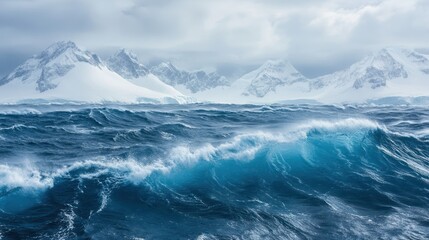 Antarctic Waters: Powerful Wave Crashes Before Majestic Snow-Covered Mountains