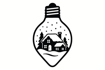 Winter Wonderland Encased A Charming Black and White Lightbulb Silhouette Depicting a Snowy Cottage
