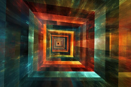 Abstract tunnel with rotating squares in vibrant neon colors creates a mesmerizing visual experience, 3D abstract tunnel/ neon - rotating squares - Powered by Adobe