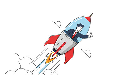 A determined businessman embarks on a high-speed journey in a rapidly ascending rocket ship with smoke trails indicating fast movement and success