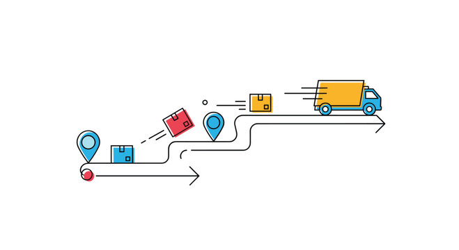 Visualizing the logistic process of package delivery from origin to final destination showing transportation and tracking