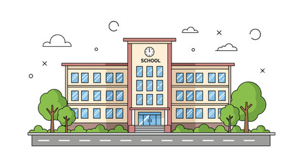 Vibrant illustration of a modern school building with lush green trees and a paved road under a bright sky