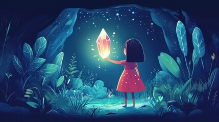 At the entrance of a mysterious cave, the little girl holds up her glowing crystal, its light illuminating the ancient runes etched deep into the stone walls around her.