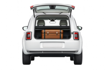White electric car rear view with open trunk and luggage isolated on transparent background
