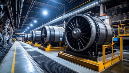 Massive Industrial Turbines lined up in a vast factory hall, showcasing heavy machinery and advanced engineering