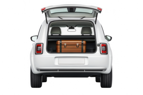 White electric car rear view with open trunk and luggage isolated on transparent background - Powered by Adobe