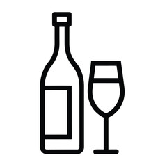 Black outline icon of wine bottle and wine glass on white background drink beverage