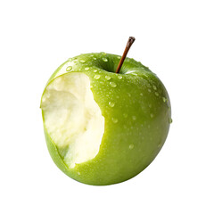 A crisp green granny smith apple with one bite isolated on a transparent background png