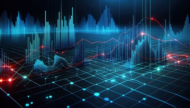 Futuristic Digital Cityscape with Glowing Data Streams and Financial Graphs