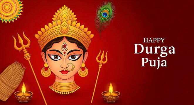 Durga Puja Illustration with Deity Face Trident Peacock Feather and Diyas on Red Background