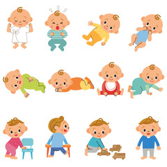 赤ちゃんが色々な成長しているポーズのイラスト