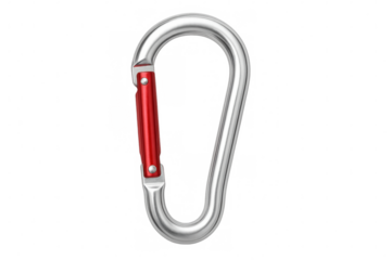Red and silver carabiner isolated on transparent background