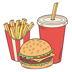 Classic fast food meal featuring a hamburger french fries and a red soda