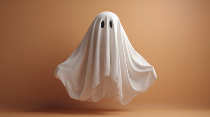 A playful image of a ghost made from a simple white sheet with two black eye holes, floating in a friendly way.