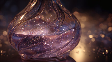 A whimsical, magical potion bottle is filled with a sparkling, colorful, bubbling liquid, with a simple tag around its neck.