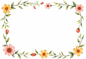 Fototapeta premium Watercolor floral frame with yellow and pink flowers on white background 